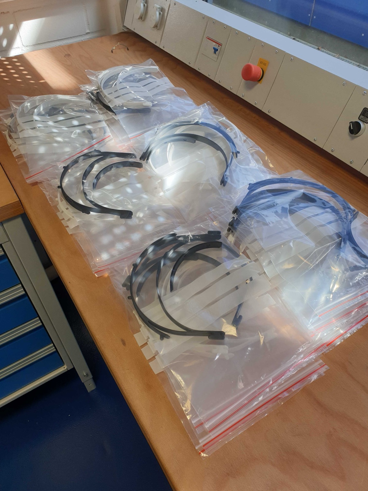 3D-printed frame parts for protective face shields.